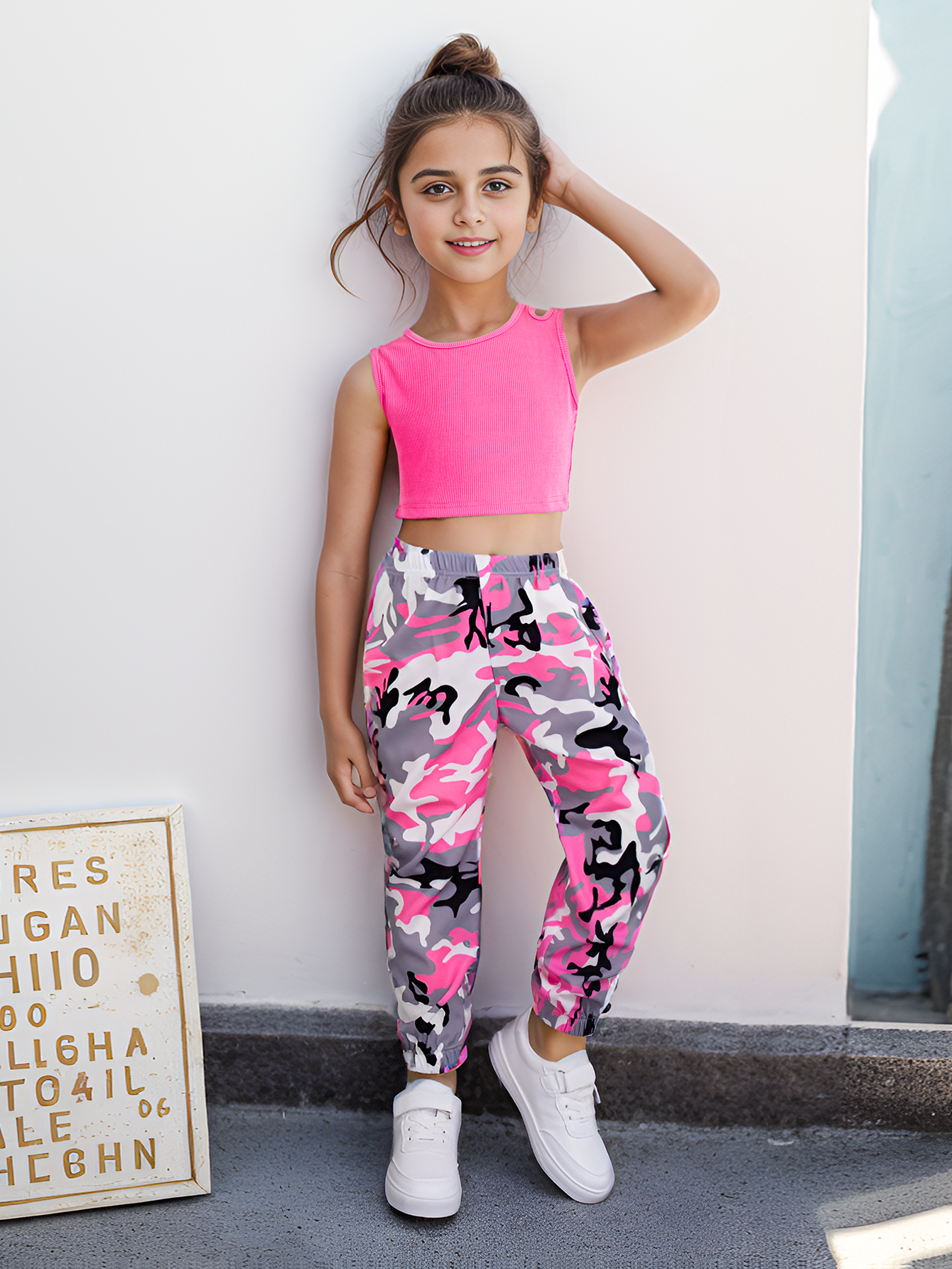 Girl's Summer Outfits Pink Tank Top and Camouflage Crew Pants Sets