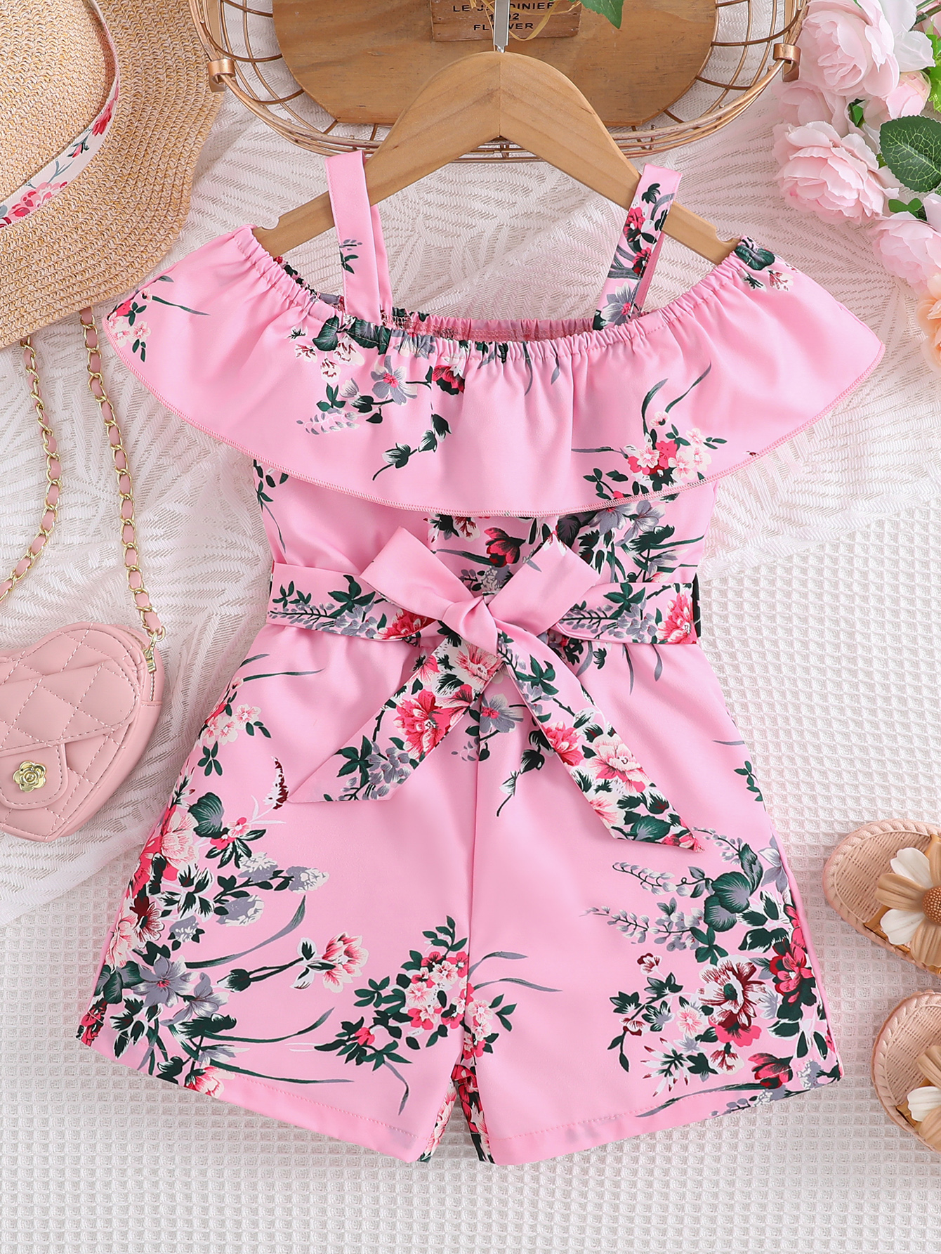 Girls Rompers Ruffle Sleeveless Summer Short Jumpsuit Floral