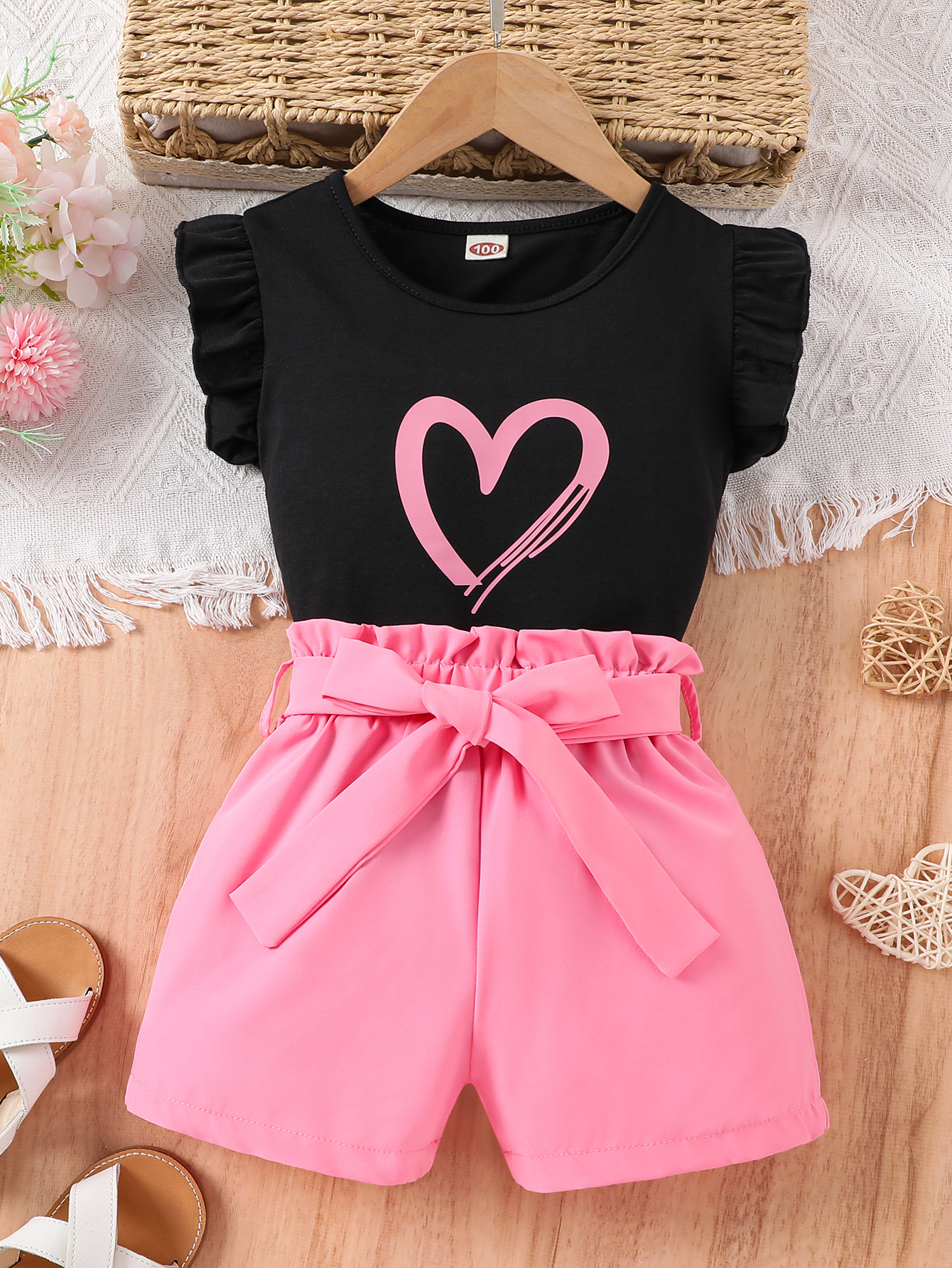 Girls 3 Piece Outfit Ruffle Trim Tee Top with Bow Belt Shorts Set