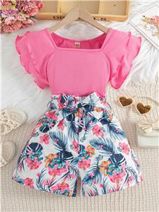 Toddler Girl Clothes Ruffle Sort Sleeve T-shirt and Floral Shorts Set Pink