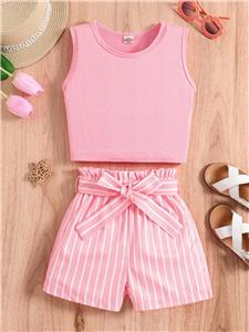 Girl's Summer Outfits Pink Tie Knot Tank Top and Striped Short Sets