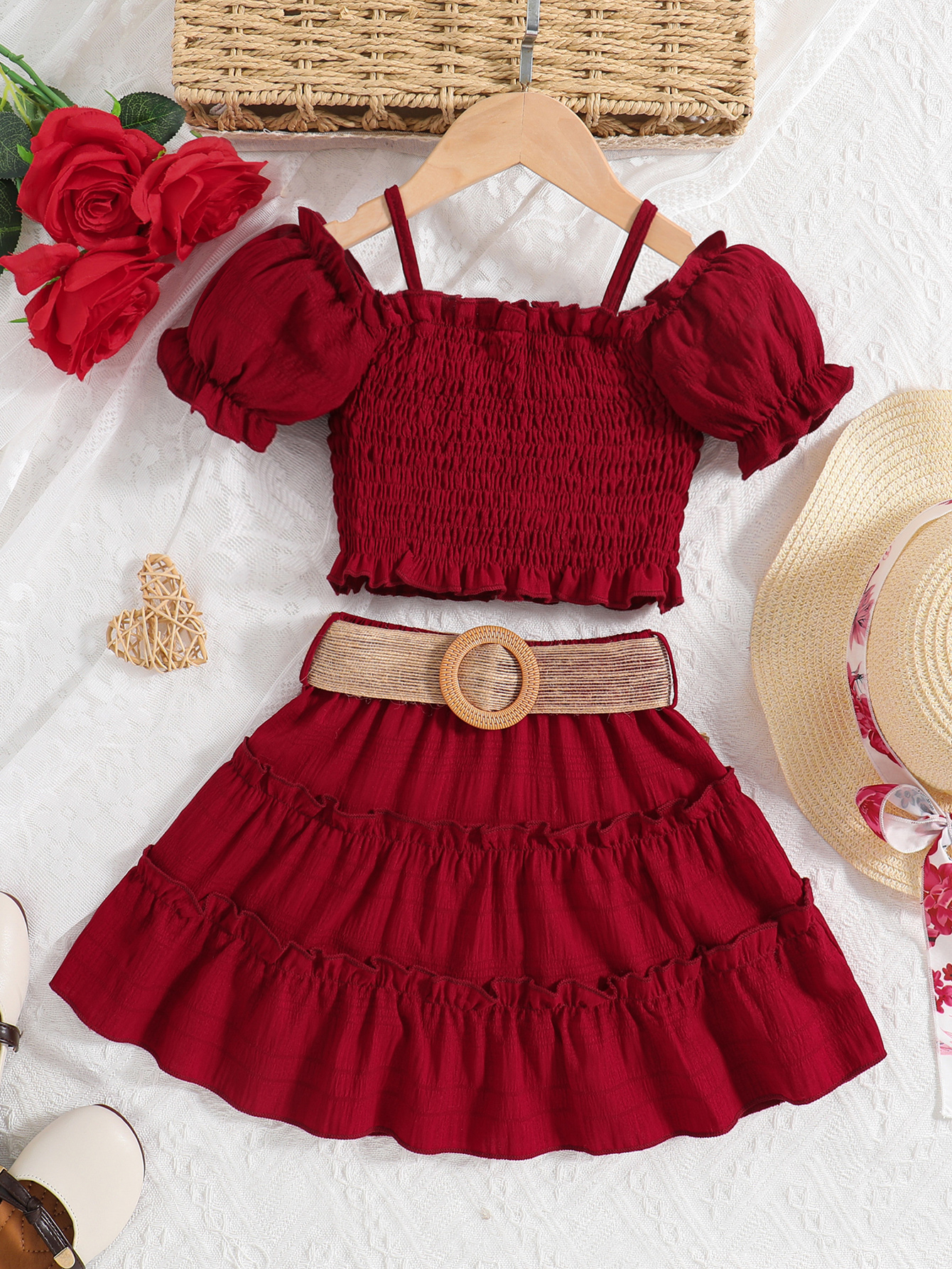 Girls Outfits Red Ruffle Off Shoulder Crop Tops + Shorts Skirt Set