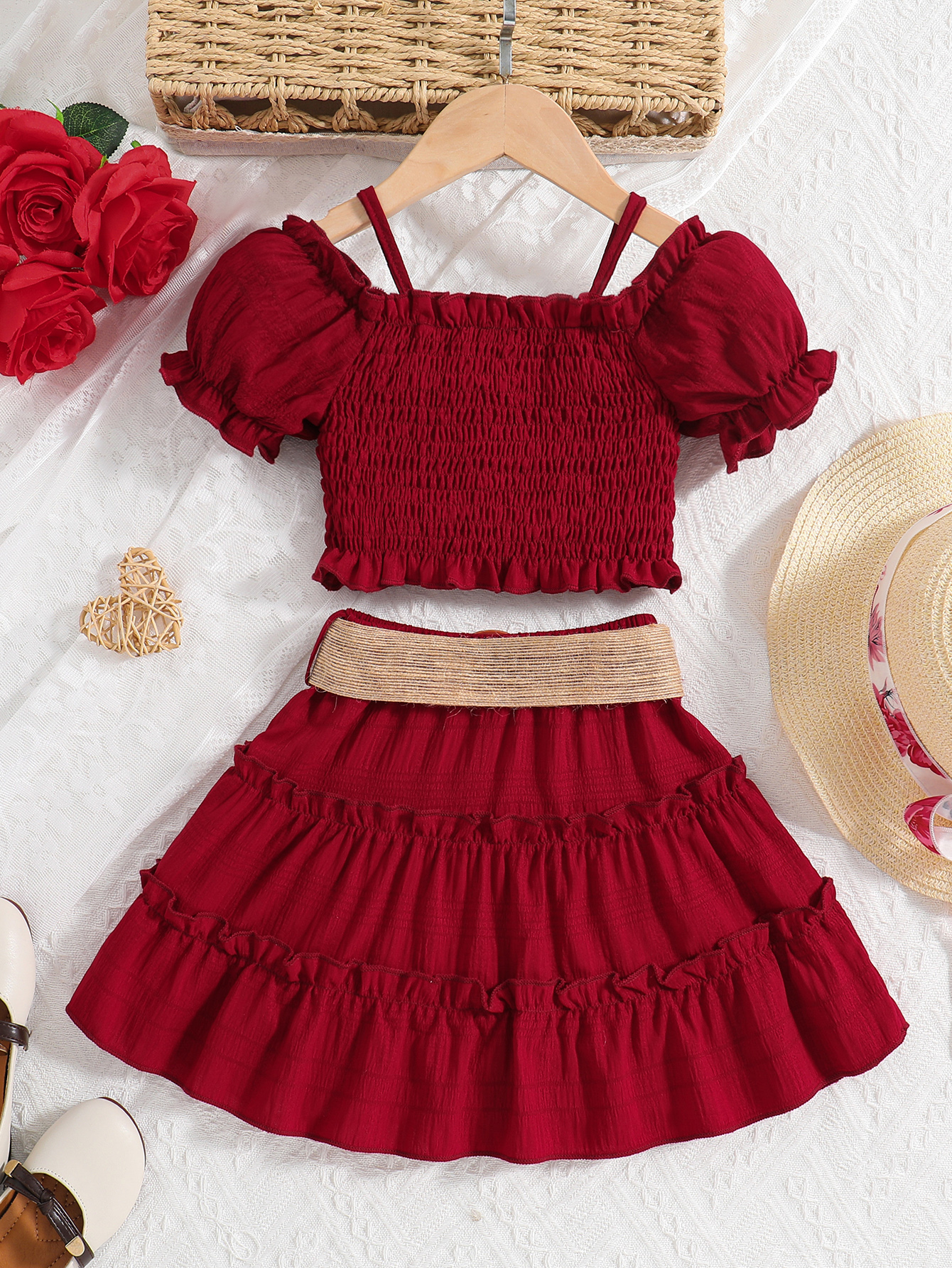 Girls Outfits Red Ruffle Off Shoulder Crop Tops + Shorts Skirt Set