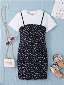 Girl's 2 Piece Outfits Short Sleeve Top and Floral Print Cami Dress Set