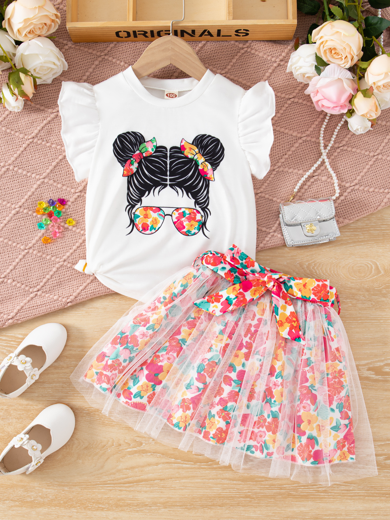 Girls Tulle Skirt Set Two Piece Ruffle Sleeve T-Shirt Tutu Dress