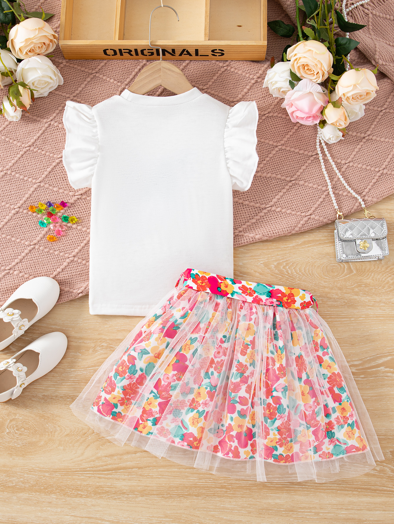 Girls Tulle Skirt Set Two Piece Ruffle Sleeve T-Shirt Tutu Dress