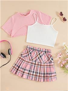 Girl's 3 Piece Outfits Short Sleeve Crop Tops Ribbed Tank Top and Plaid Pleated Skirt Set