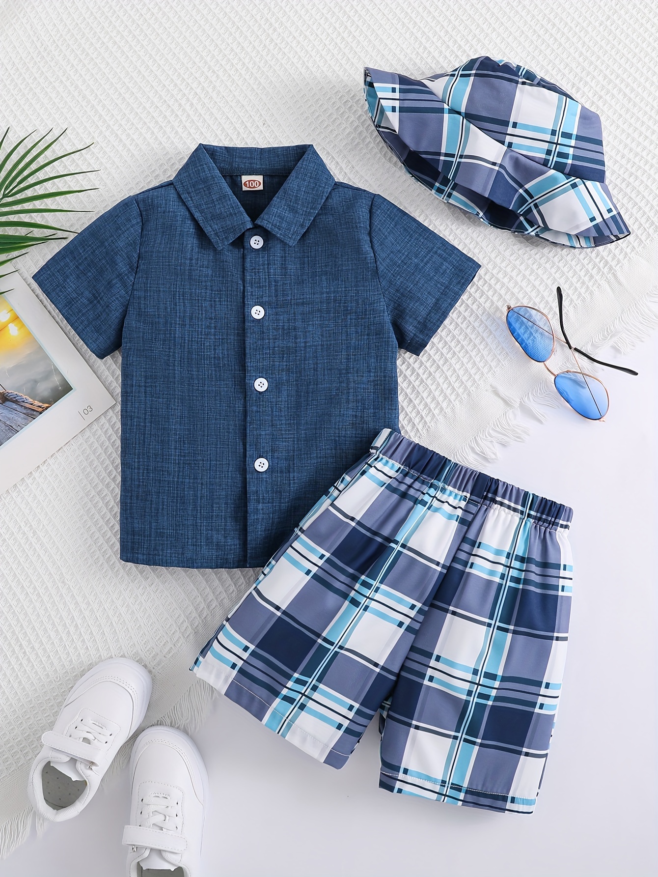 Boys Summer Clothes Button Down Shirt Top and Plaid Shorts Set with Bucket Hat