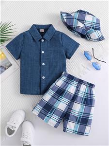 Boys Summer Clothes Button Down Shirt Top and Plaid Shorts Set with Bucket Hat