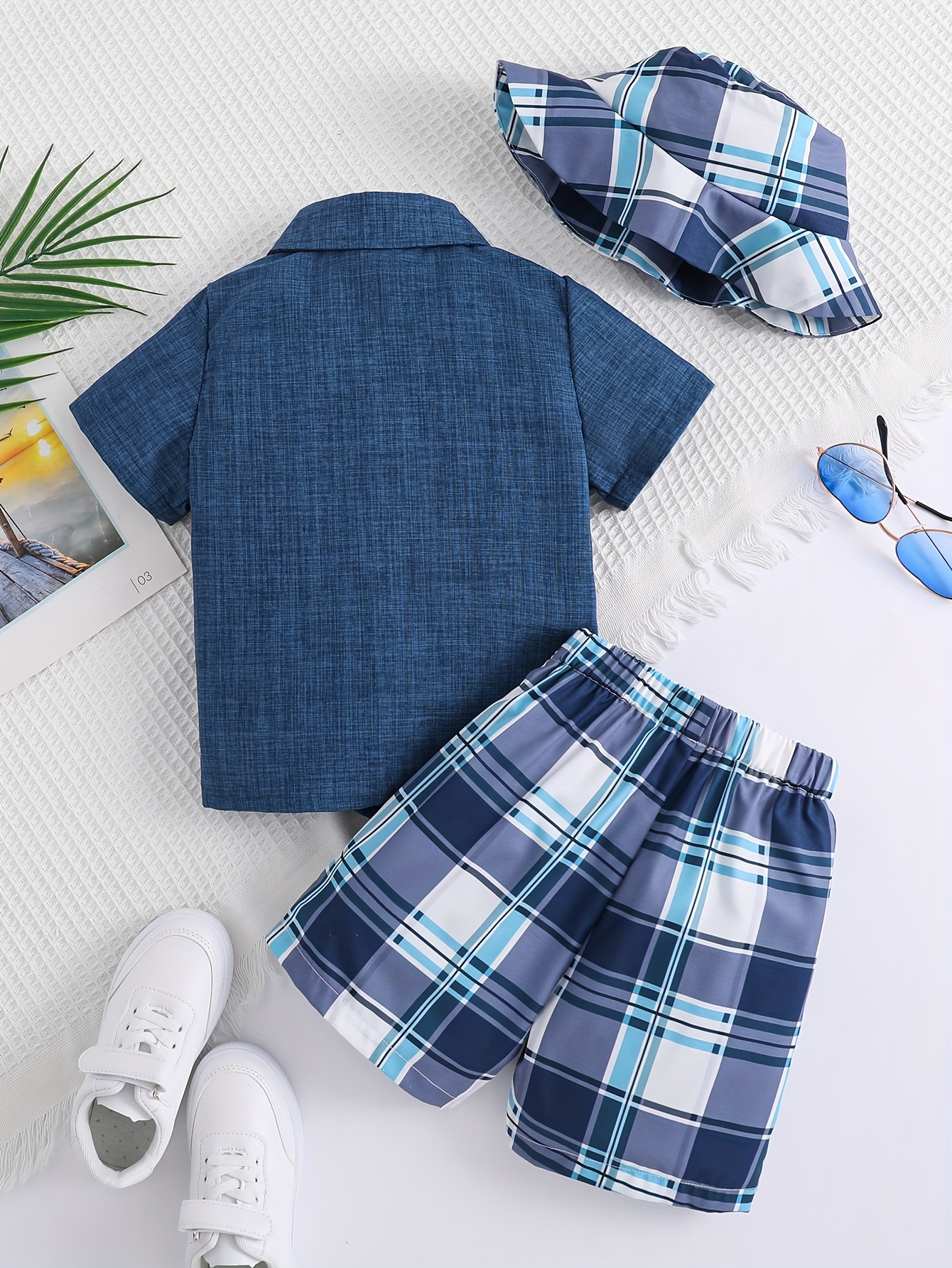 Boys Summer Clothes Button Down Shirt Top and Plaid Shorts Set with Bucket Hat