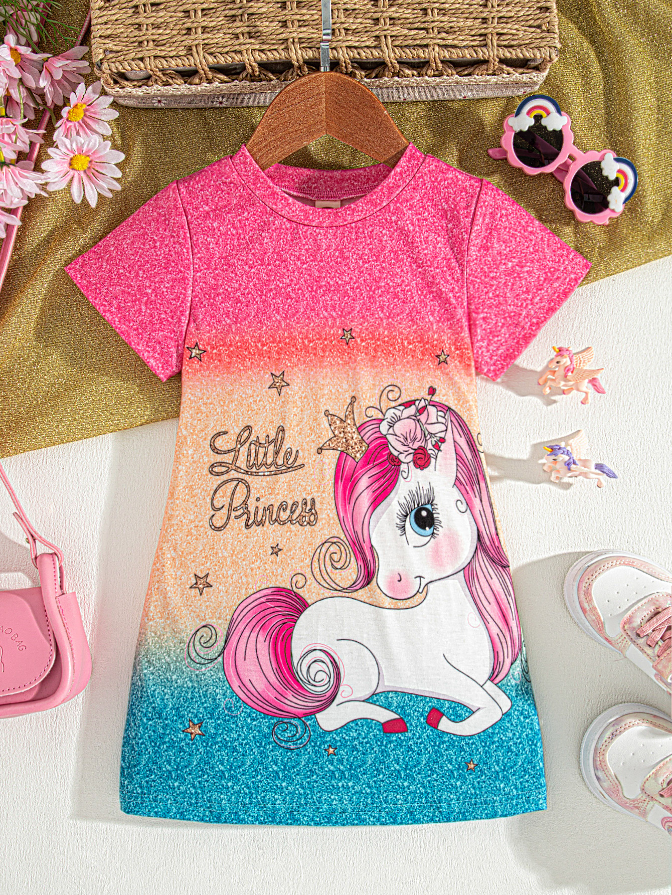 Girls Cartoon Fade Color Dress Summer Short Sleeve T-Shirt Dresses