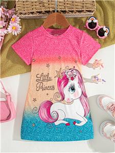 Girls Cartoon Fade Color Dress Summer Short Sleeve T-Shirt Dresses