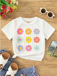 Girls Flower Short Sleeve T-Shirts Crewneck