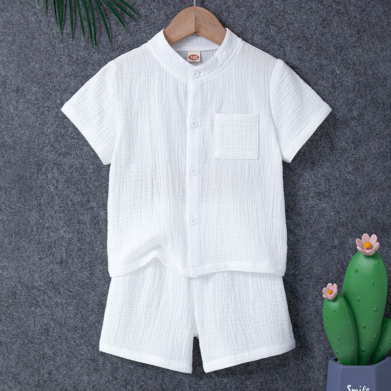 Boy's 2 Pieces Cotton Linen Set Casual Short Sleeve Button Down Shirt and Short Set