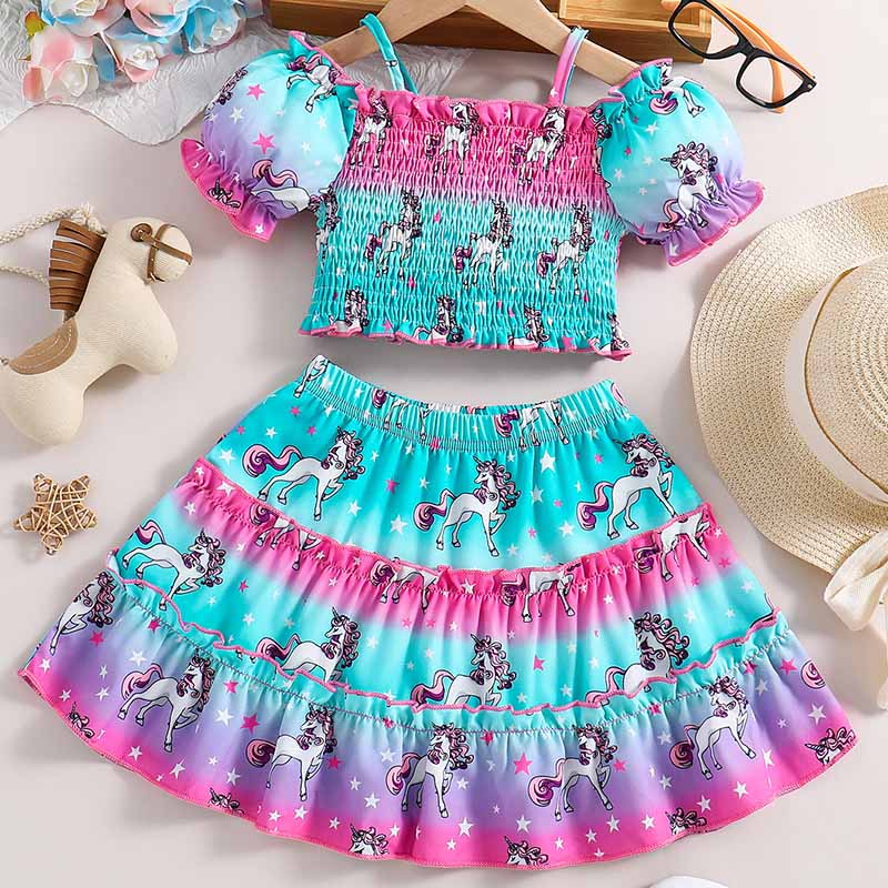 Girls Halter Drop Shoulder Short Sleeve Printed Skirt Set Fade Color