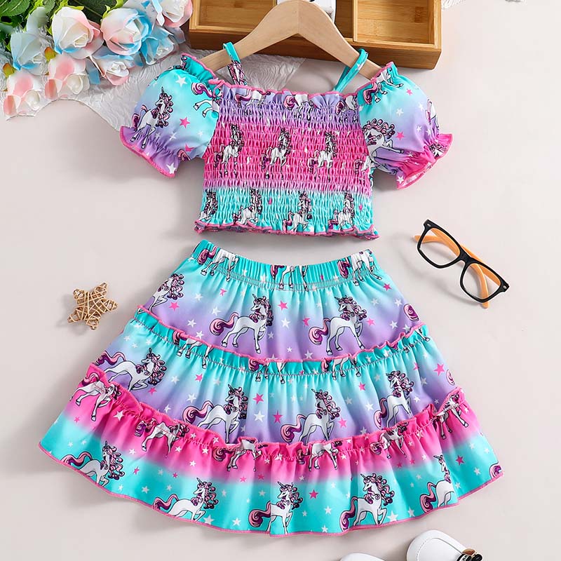 Girls Halter Drop Shoulder Short Sleeve Printed Skirt Set Fade Color