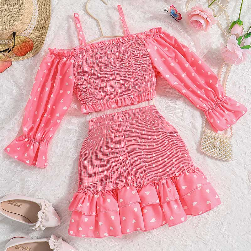 Girls Halter Drop Shoulder Long Sleeve Polka Dot Skirt Set Slim Ruffle