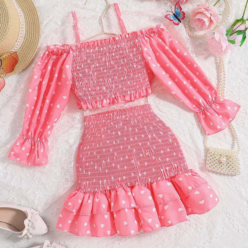 Girls Halter Drop Shoulder Long Sleeve Polka Dot Skirt Set Slim Ruffle