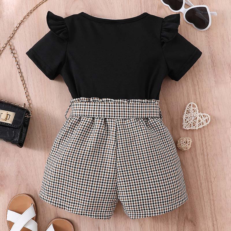 Girls 2 Piece Outfit Ruffle Trim Tee Top with Plaid Paperbag Waist Shorts Set