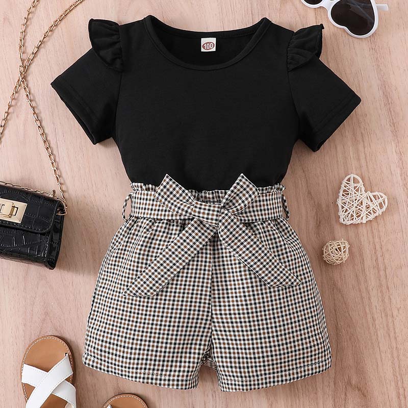 Girls 2 Piece Outfit Ruffle Trim Tee Top with Plaid Paperbag Waist Shorts Set