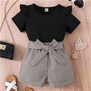 Girls 2 Piece Outfit Ruffle Trim Tee Top with Plaid Paperbag Waist Shorts Set