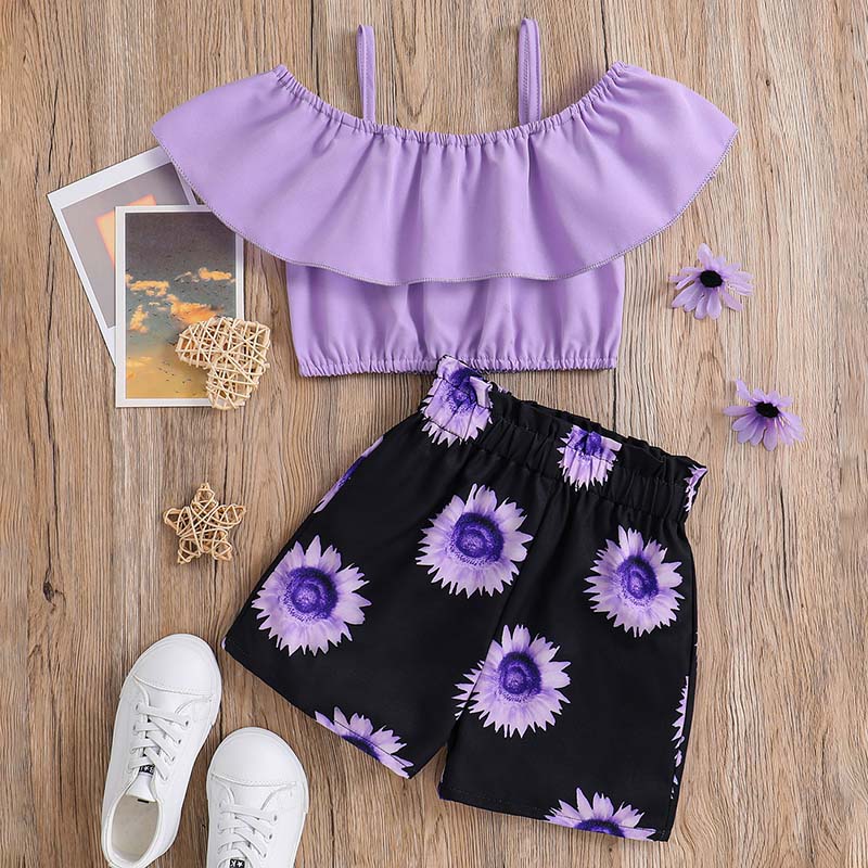 Girls Summer Clothes 2 Piece Cute Outfits Kids Ruffle Halter Crop Top Floral Print Shorts Clothing Set