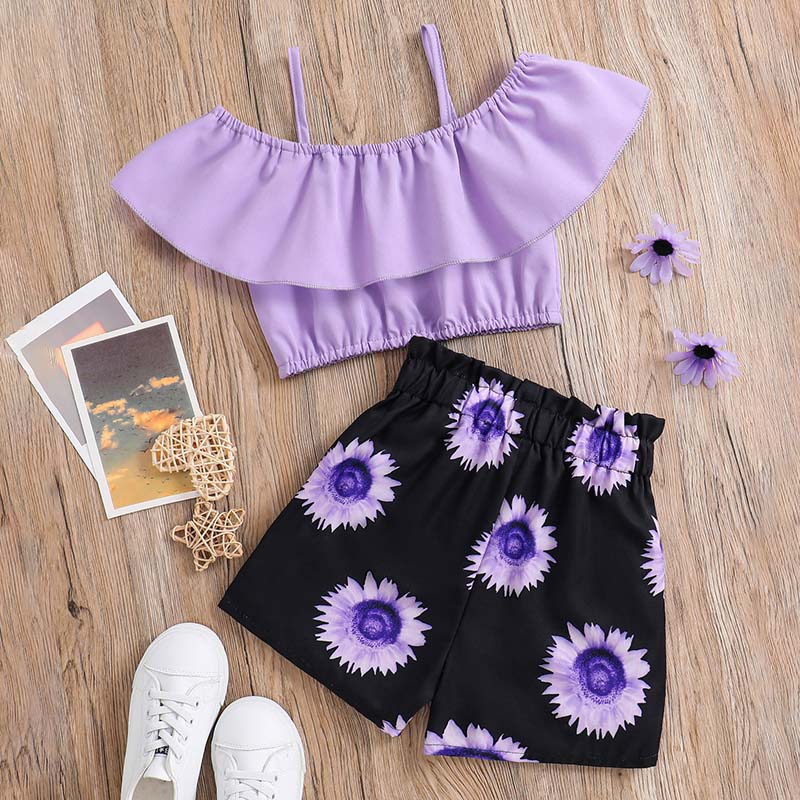 Girls Summer Clothes 2 Piece Cute Outfits Kids Ruffle Halter Crop Top Floral Print Shorts Clothing Set