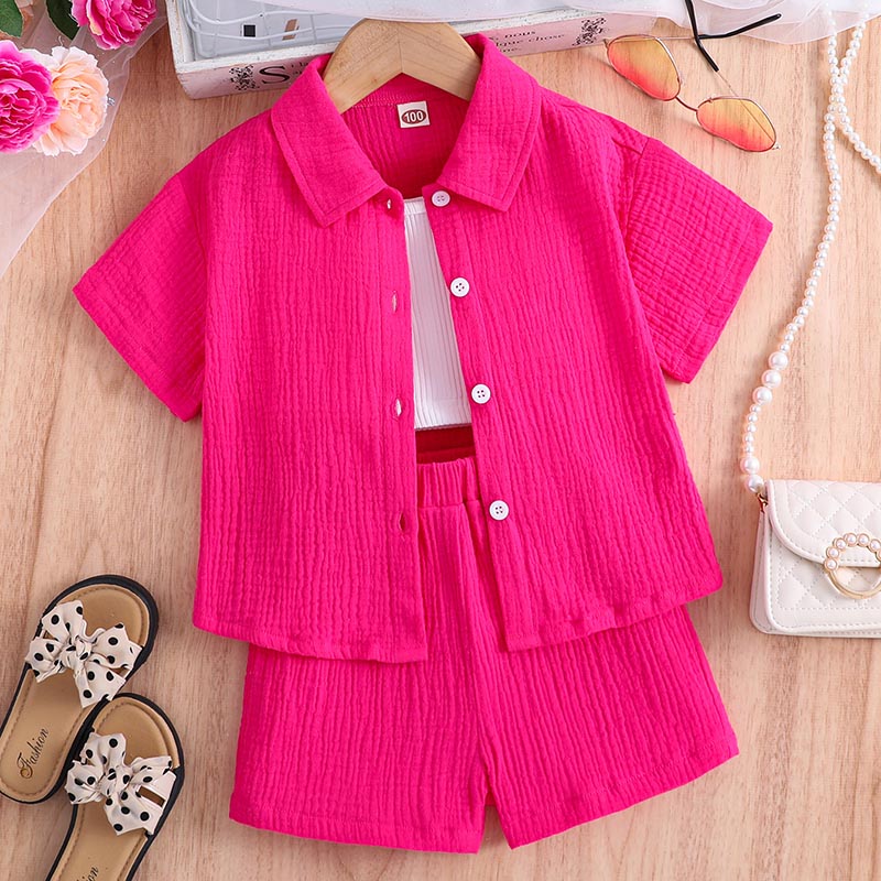 Girls' short-sleeve stand-up collar button-down shirt and shorts set