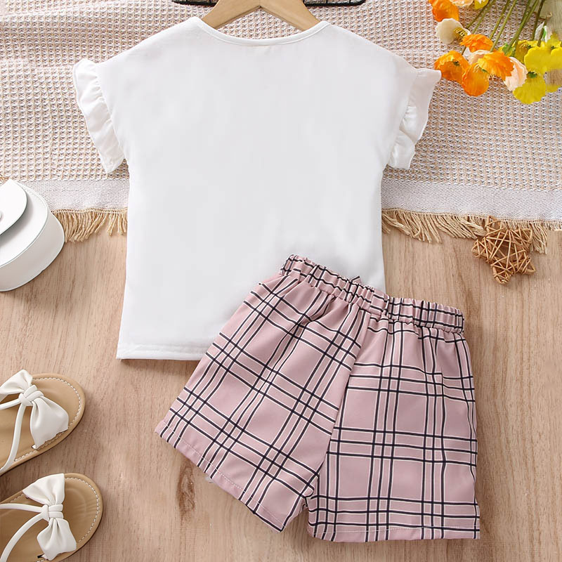 Cute Girls Ruffle Short Sleeves T-shirt Top and Plaid Shorts Set with Bow Tie Decoration