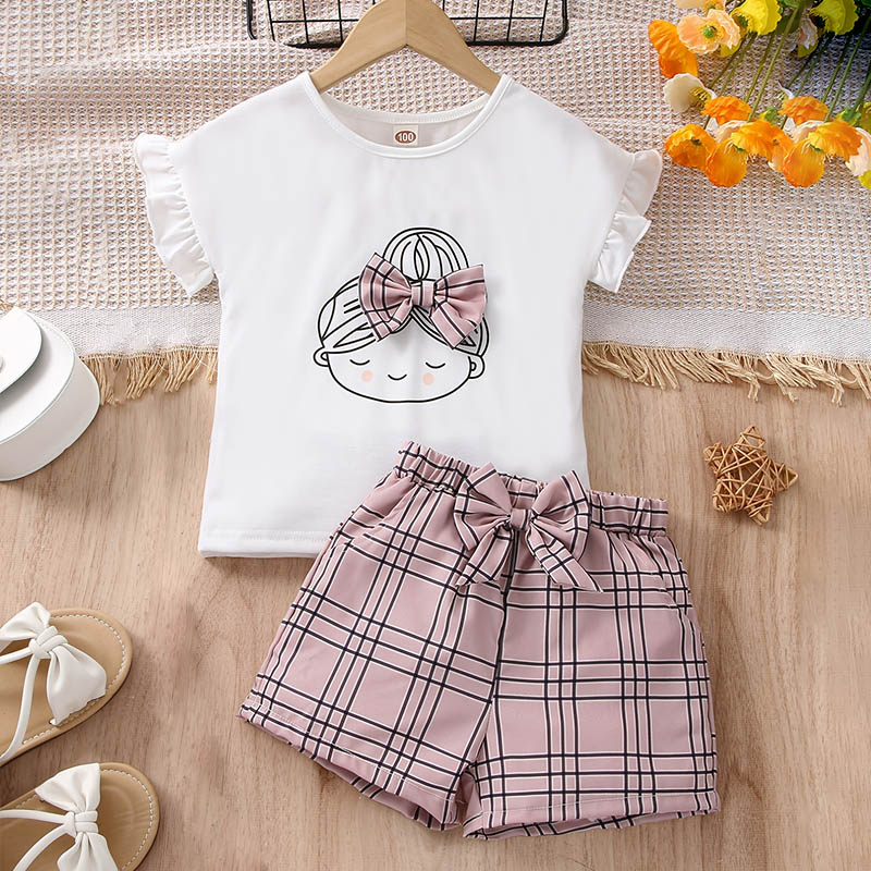 Cute Girls Ruffle Short Sleeves T-shirt Top and Plaid Shorts Set with Bow Tie Decoration