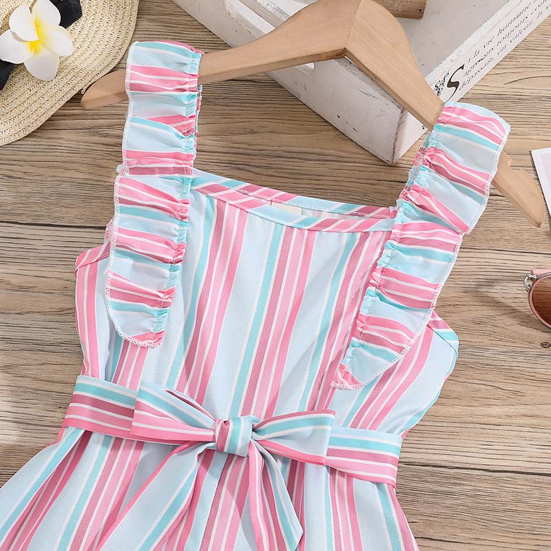 Girls Jumpsuit Striped Sleeveless Girl Casual Ruffle Halter Rompers with Belt Jumpsuit for Girls 1-8Y