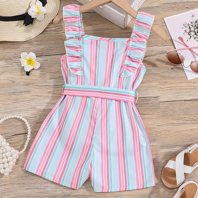 Girls Jumpsuit Striped Sleeveless Girl Casual Ruffle Halter Rompers with Belt Jumpsuit for Girls 1-8Y