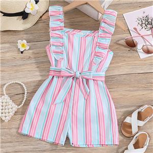 Girls Jumpsuit Striped Sleeveless Girl Casual Ruffle Halter Rompers with Belt Jumpsuit for Girls 1-8Y