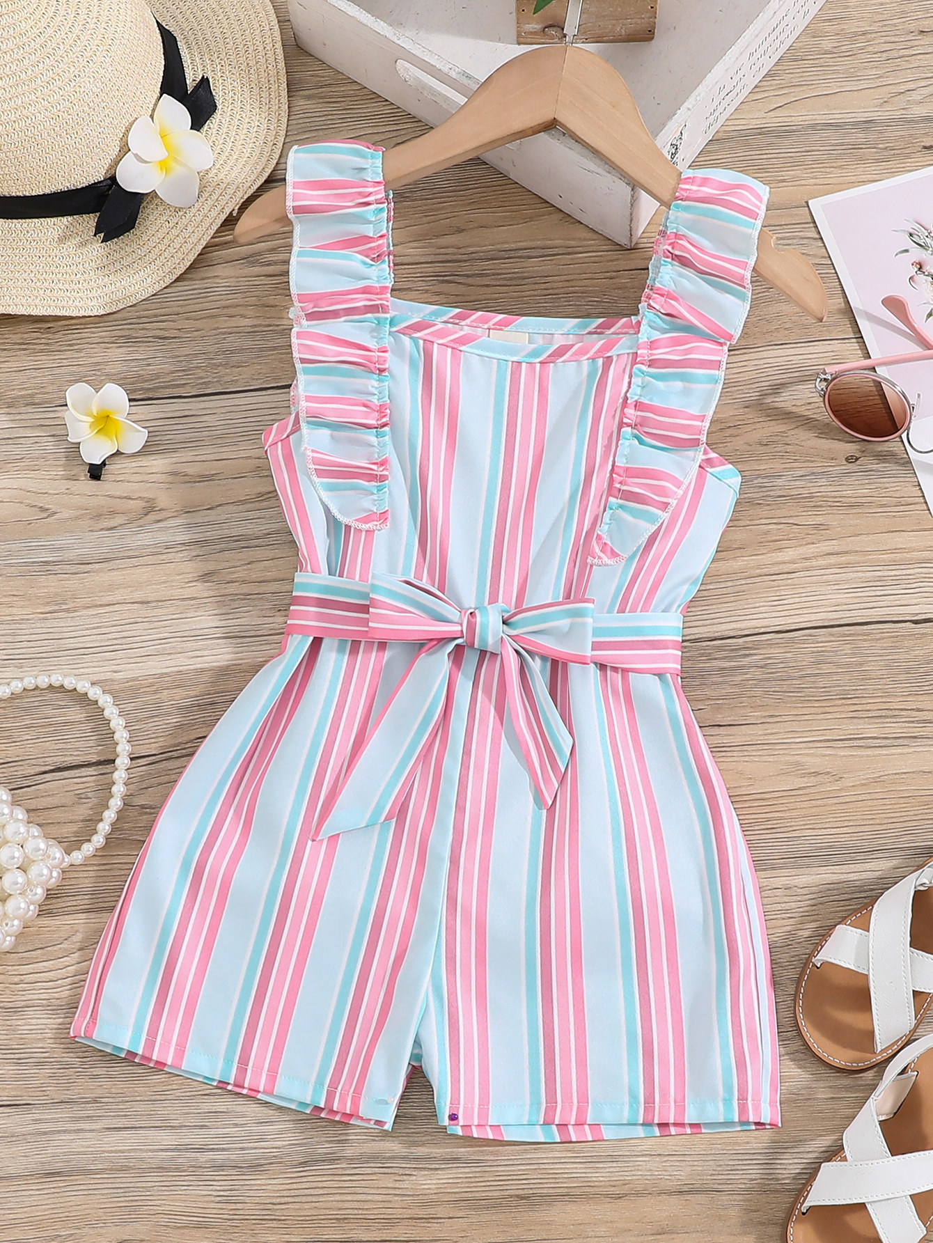 Girls Jumpsuit Striped Sleeveless Girl Casual Ruffle Halter Rompers with Belt Jumpsuit for Girls 1-8Y