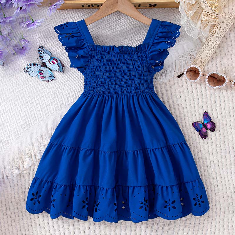 Girl's Square Neck Flounce Short Sleeve Shirred Ruffle Hem Dress