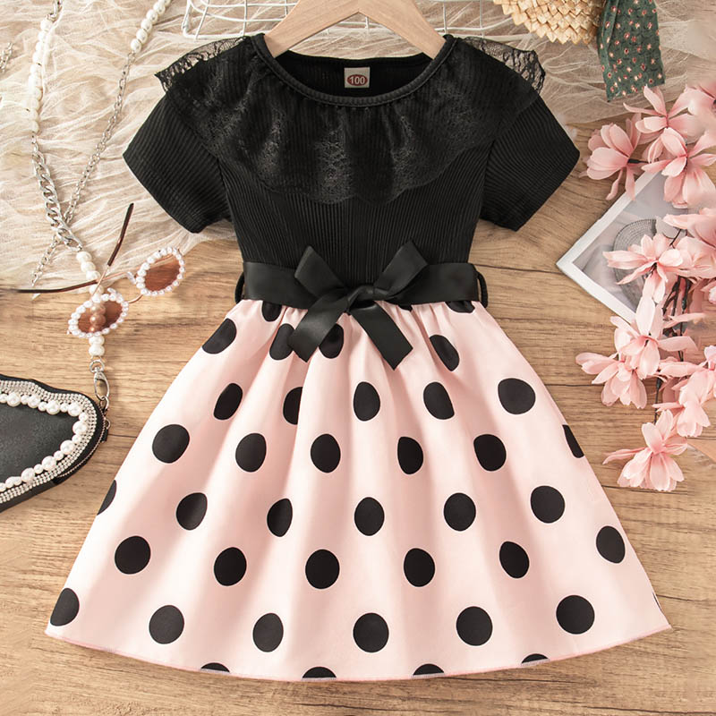 Girls short-sleeved round neck lace black polka dot patchwork dress with belt