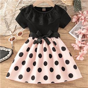 Girls short-sleeved round neck lace black polka dot patchwork dress with belt