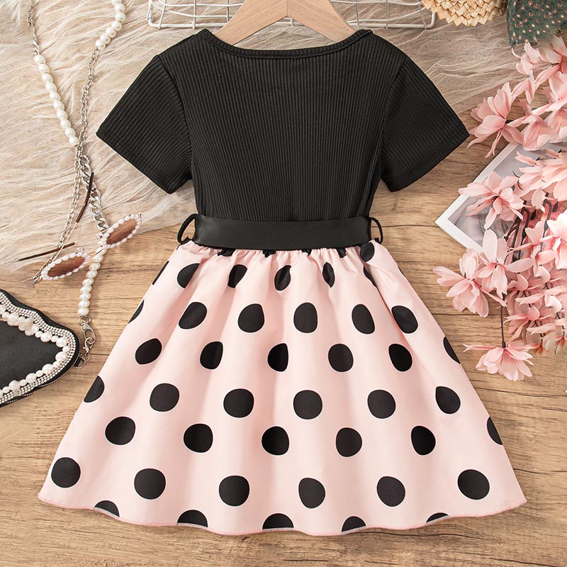 Girls short-sleeved round neck lace black polka dot patchwork dress with belt