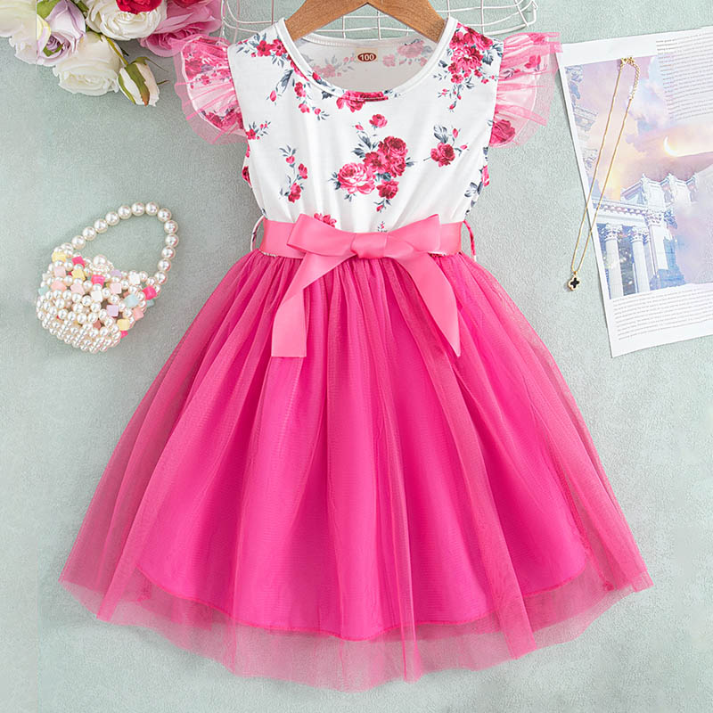 Floral Print Mesh Dress with Ruffled Sleeves and Waist Belt for Girls