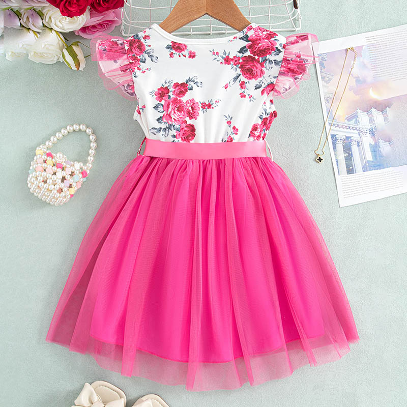 Floral Print Mesh Dress with Ruffled Sleeves and Waist Belt for Girls