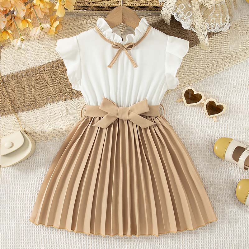 Girls Bow Front Colorblock Pleated Flounce Cap Sleeve A Line Short Dress