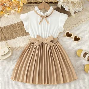 Girls Bow Front Colorblock Pleated Flounce Cap Sleeve A Line Short Dress