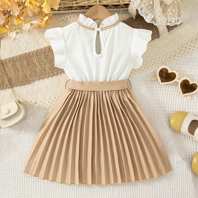 Girls Bow Front Colorblock Pleated Flounce Cap Sleeve A Line Short Dress