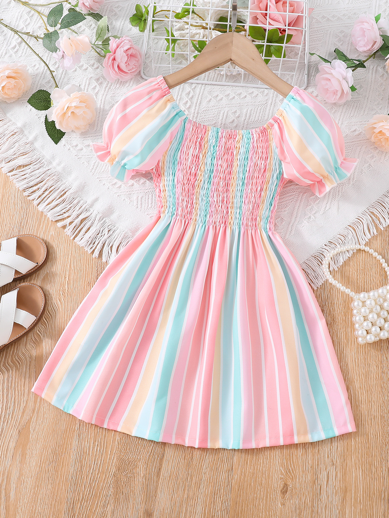 Girls Rainbow Stripe Puff Short Sleeve Dress