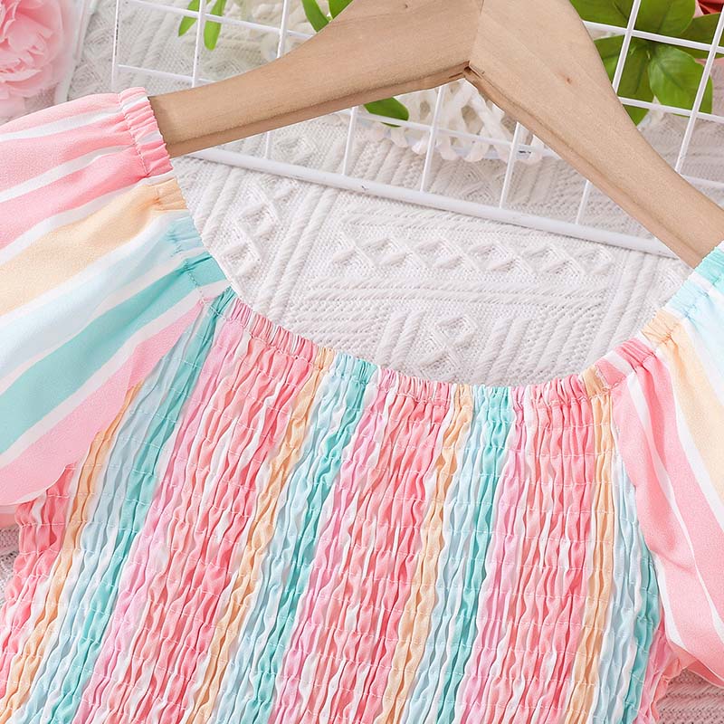 Girls Rainbow Stripe Puff Short Sleeve Dress