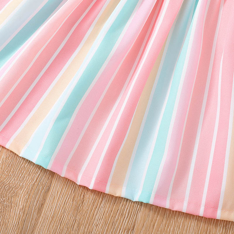 Girls Rainbow Stripe Puff Short Sleeve Dress