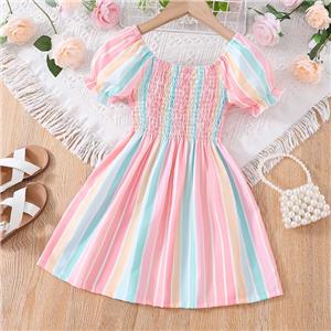 Girls Rainbow Stripe Puff Short Sleeve Dress