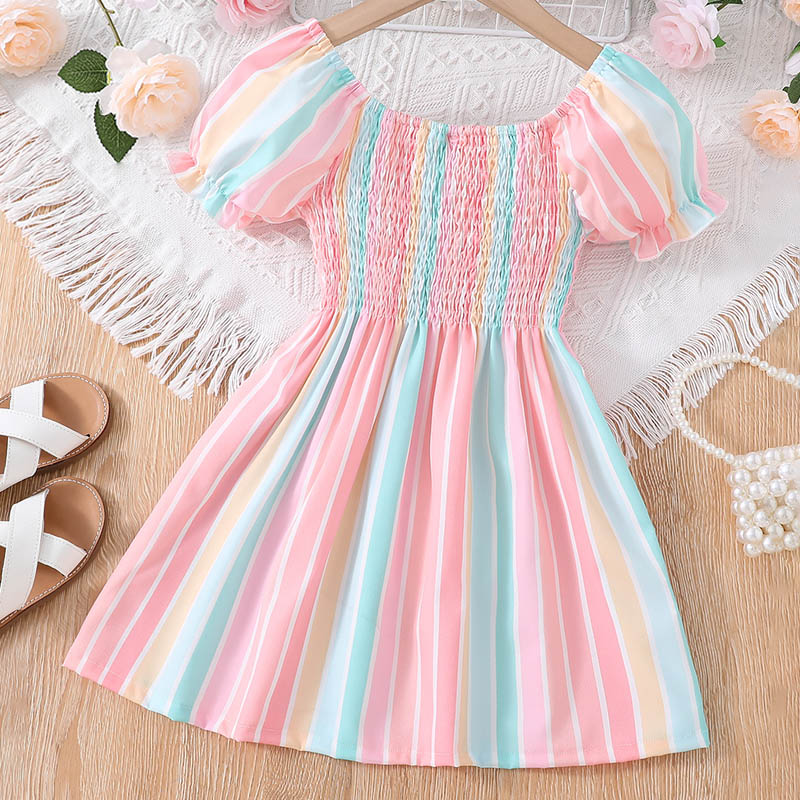 Girls Rainbow Stripe Puff Short Sleeve Dress