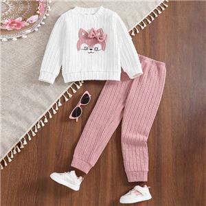 Girls' Cute Knit Long Sleeve Half High Neck Top with Elastic Waist Long Pants Set