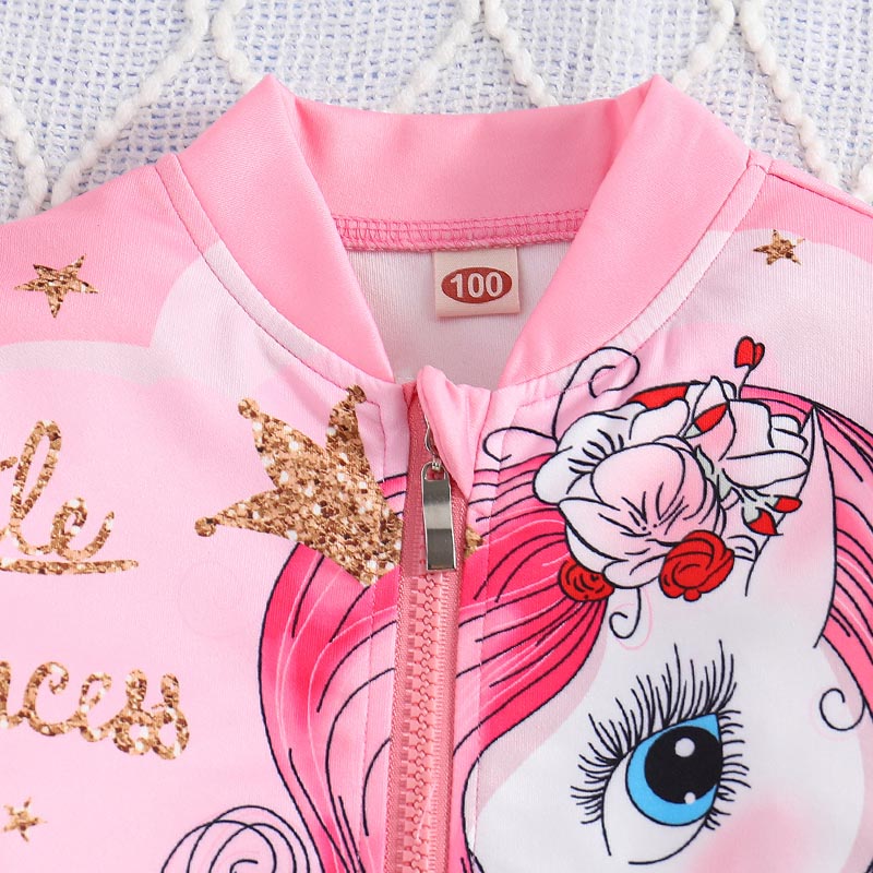 Girls' Pink Unicorn Zip-Up Long Sleeve Jacket with Matching Pants Set